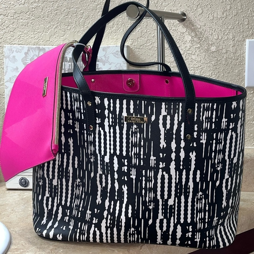 Trina Turk Black & White Pattern Tote with Hot Pink Interior and Pouch